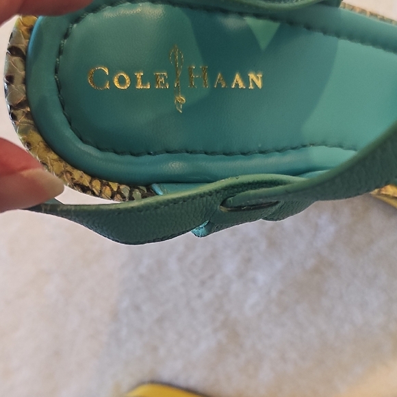 Cole Haan Nike Air Teal and Yellow  Sandals 9B Turquoise & Yellow Snake Wedge - Picture 2 of 16